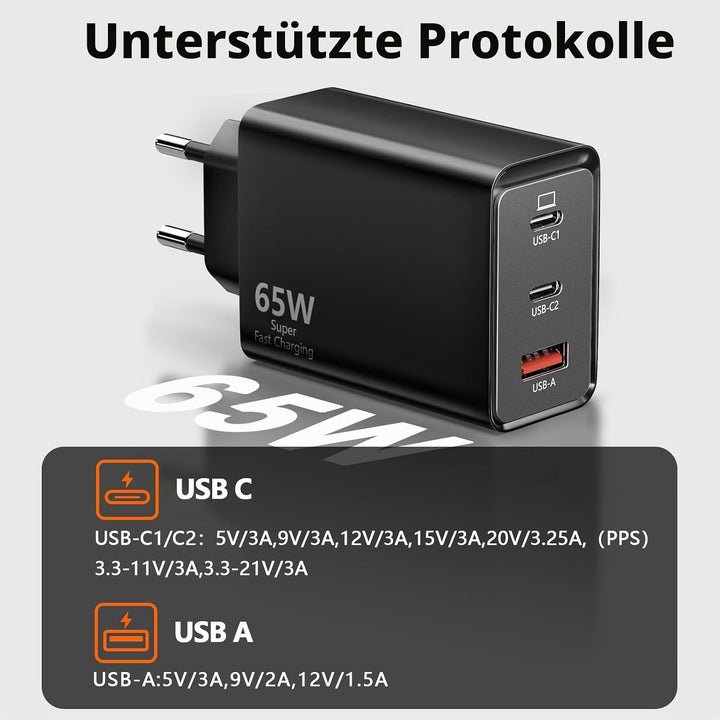 USB C Ladegerät 65W, 3-Port【2 USB C+1 USB A】USB-C Netzteil PPS Schnellladegerät PD+QC Charger kompat