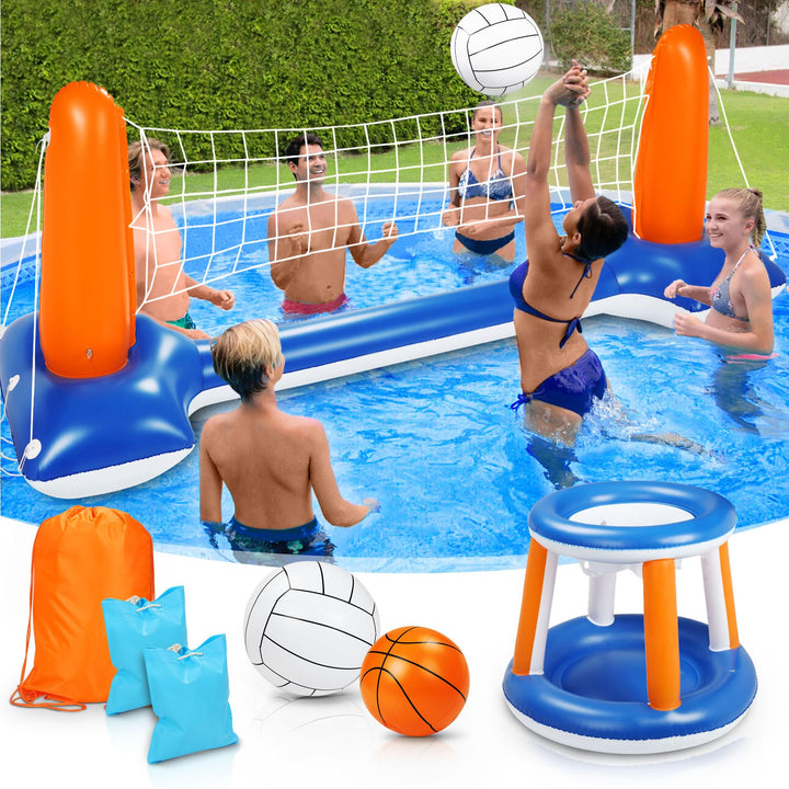 Subtail Aufblasbares Volleyball-Set, 290 cm Aufblasbares Pool Schwimmset Inklusive Basketballkorb-Se