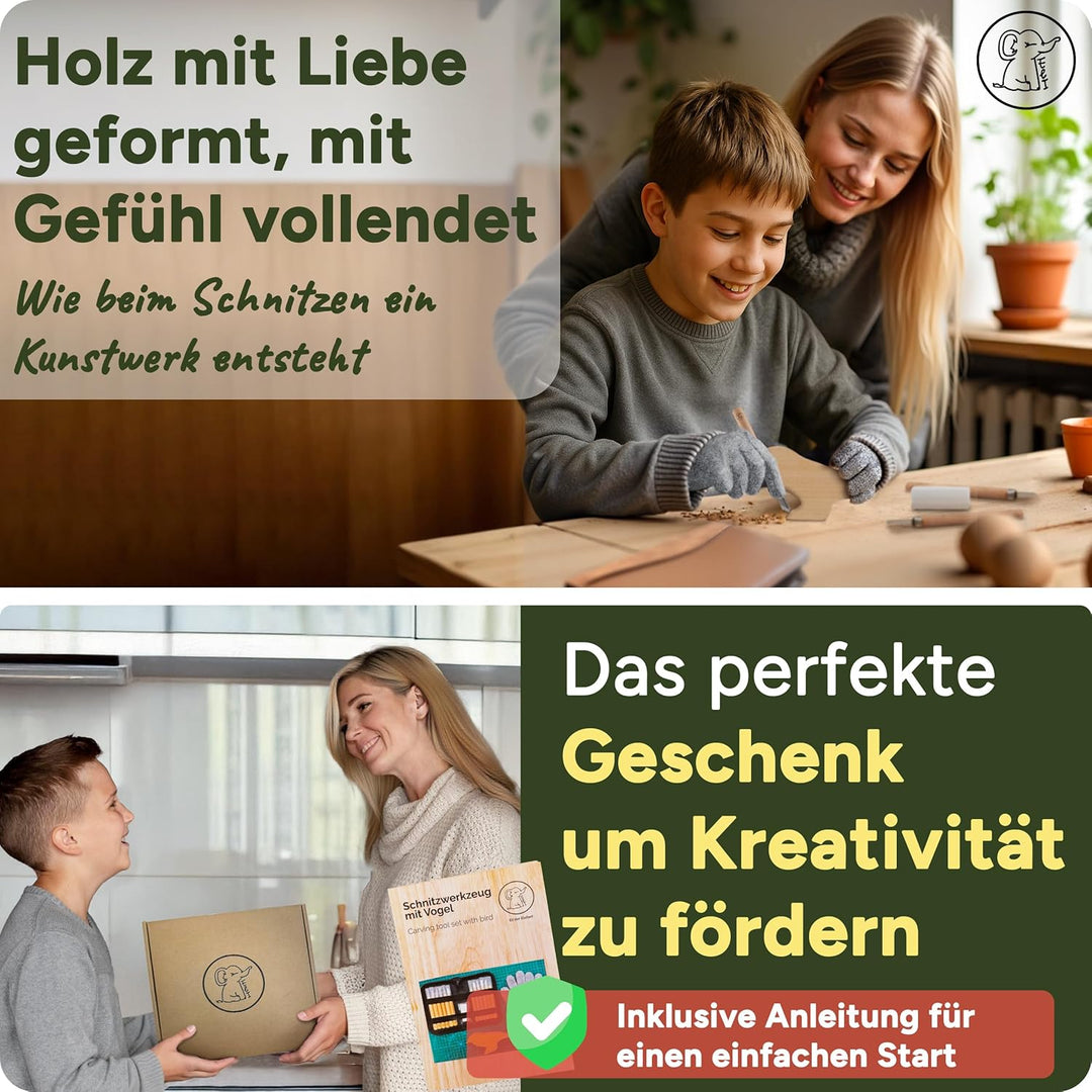 Eli® Schnitzset für Kinder (17-teilig) inkl. Schnitzanleitung - Rohling aus Holz Vogel - 12 hochwert
