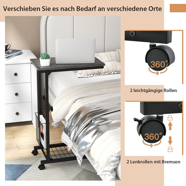 COSTWAY Beistelltisch mit Rollen, Laptoptisch höhenverstellbar, mit Aufbewahrungskorb, Sofatisch C-F