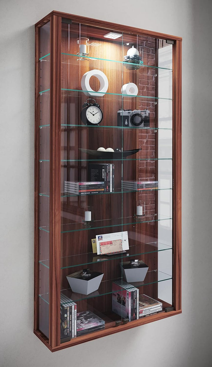 VCM Wandvitrine Sammelvitrine Glasvitrine Wand Vitrine Regal Schrank Glas ohne Beleuchtung Kern-Nuss