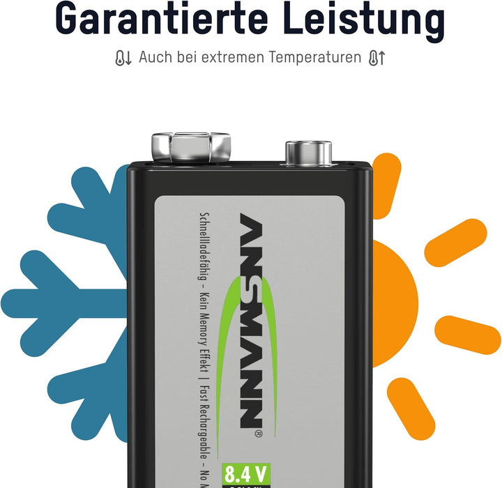 ANSMANN Akku 9V Block 200mAh NiMH 3 Stück mit geringer Selbstentladung - Wiederaufladbare Batterien
