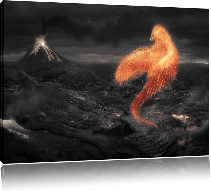 Pixxprint Brennender Phönix Vulkanlandschaft als Leinwandbild/Grösse: 100x70 / Wandbild/Kunstdruck/f