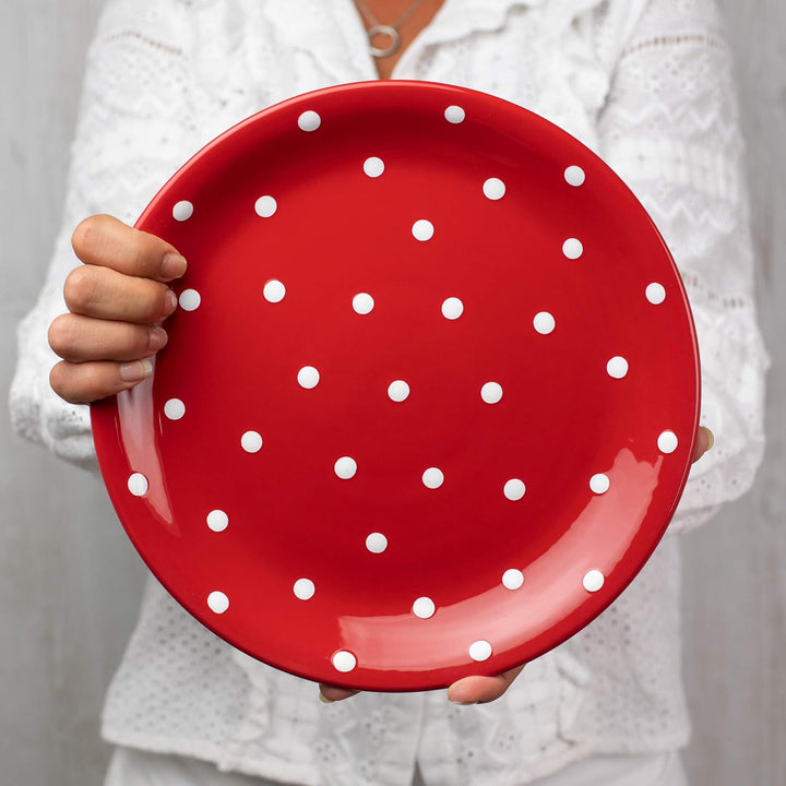 City to Cottage® - Keramik Teller 25.5 cm | Rot und Weiss | Polka Dots | Handgemacht | Grosser Speis