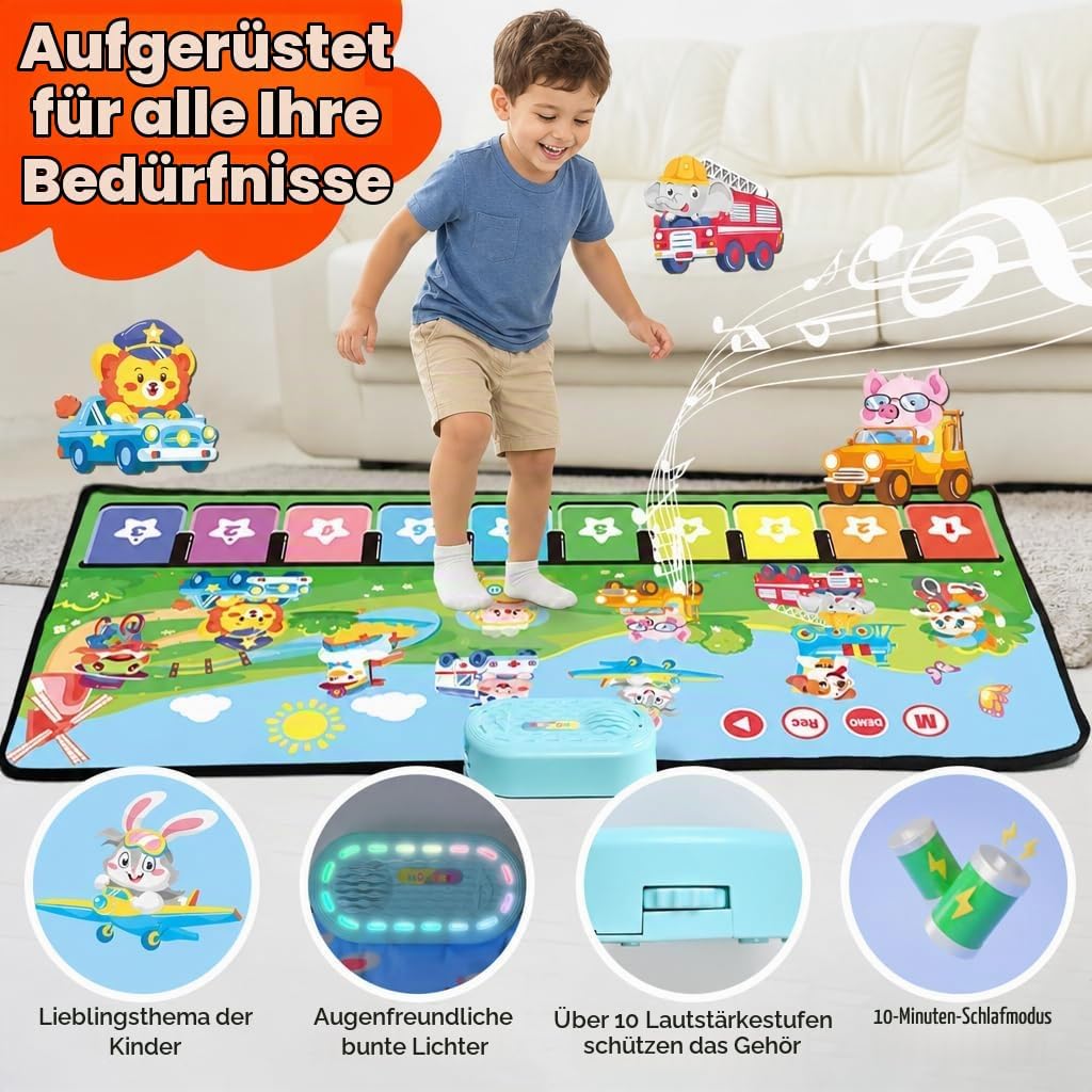 MOMUSE Baby Spielzeug ab 1 Jahr mit 80 Tönen, Grosse Musikmatte mit 10 Tiere &amp; 10Autos, Klaviermatte