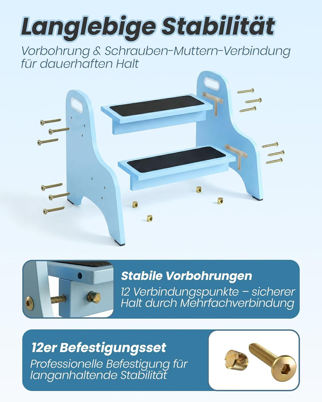 Tritthocker Kinder aus Holz – extra stabil & rutschfest, Anti-Rutsch Stufen, sichere Rundkanten, Fes