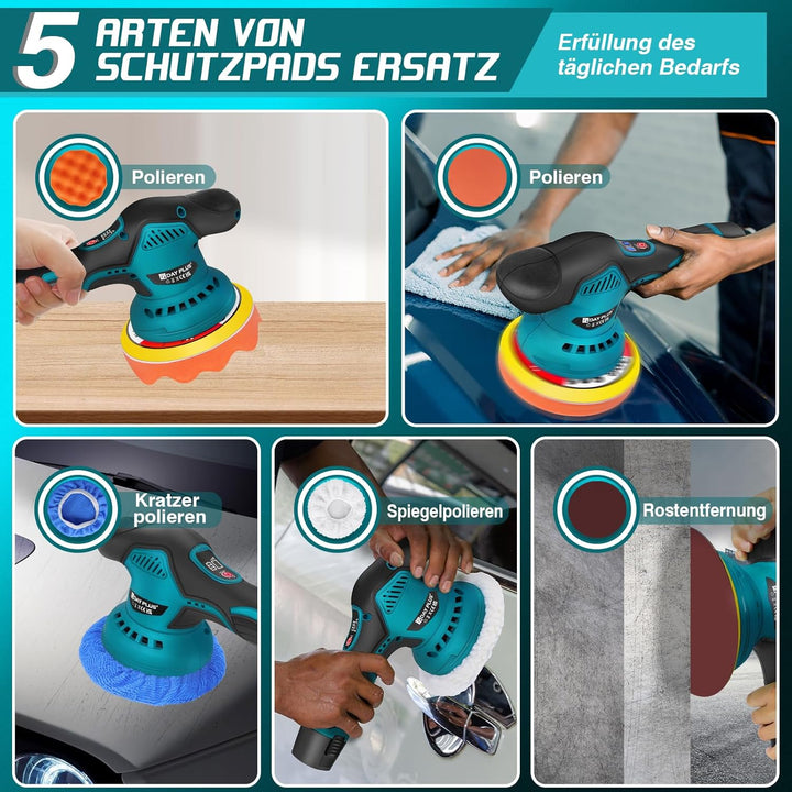 Akku Poliermaschine, Auto Poliermaschine Set 22 pcs, Exzenter Poliermaschine 12mm für Auto, 8 Variab