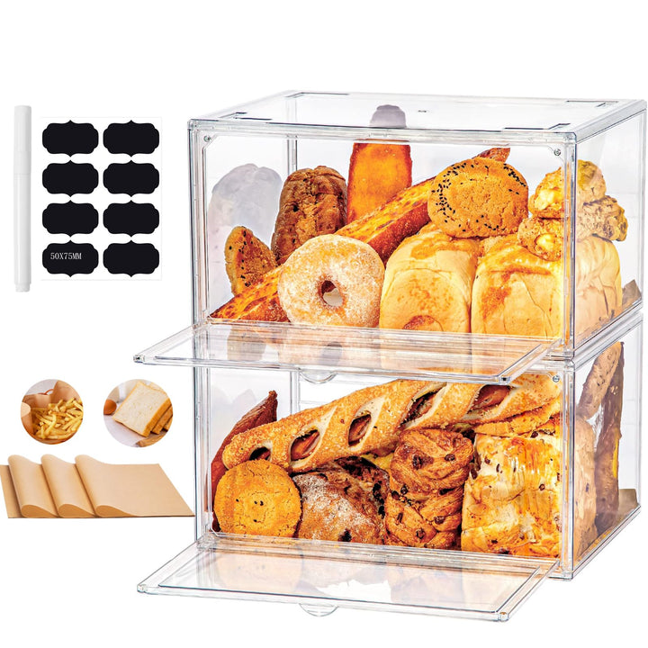 Plastik Brotkasten Durchsichtig Brotaufbewahrung mit 50pcs Backpapier Etiketten 2 Schichten Verstell