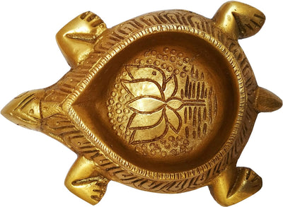 Purpledip Brass Tortoise Diya: Holy Oil Lamp Deepam; Feng Shui Vastu Good Luck Light (11570)