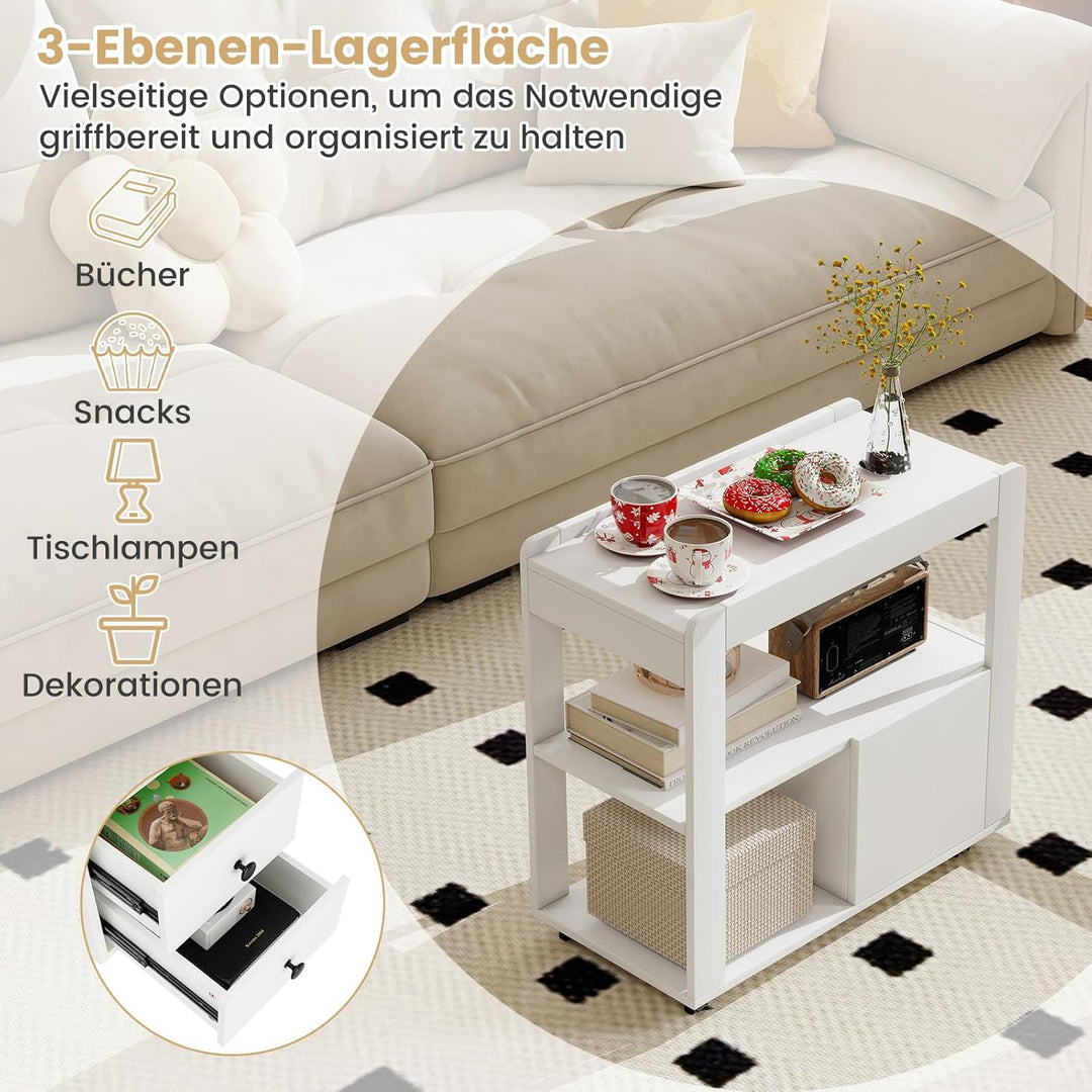 COSTWAY Beistelltisch schmal, Nachttisch mit Rollen, 2 Schubladen und offenen Ablagen, Sofatisch, Na