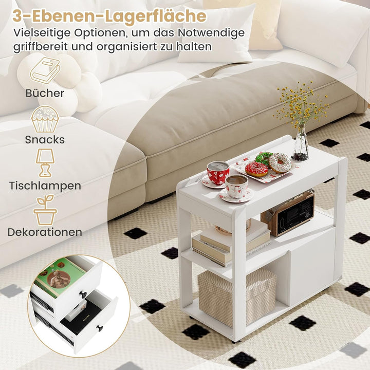 COSTWAY Beistelltisch schmal, Nachttisch mit Rollen, 2 Schubladen und offenen Ablagen, Sofatisch, Na
