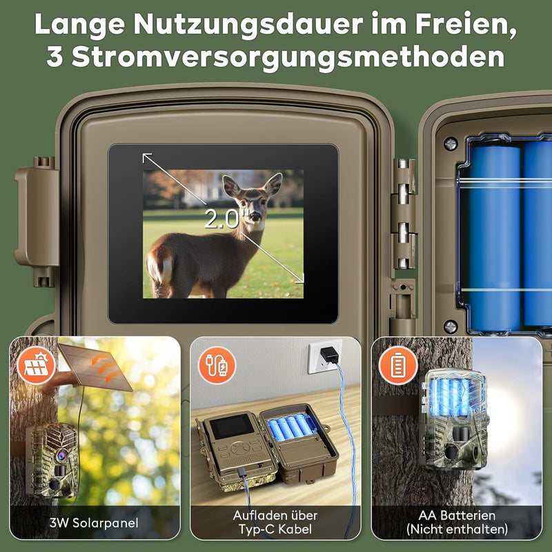 Solareye Wildkamera mit Handyübertragung App - 2,7K 48MP WLAN Wildtierkamera Solar mit Bewegungsmeld