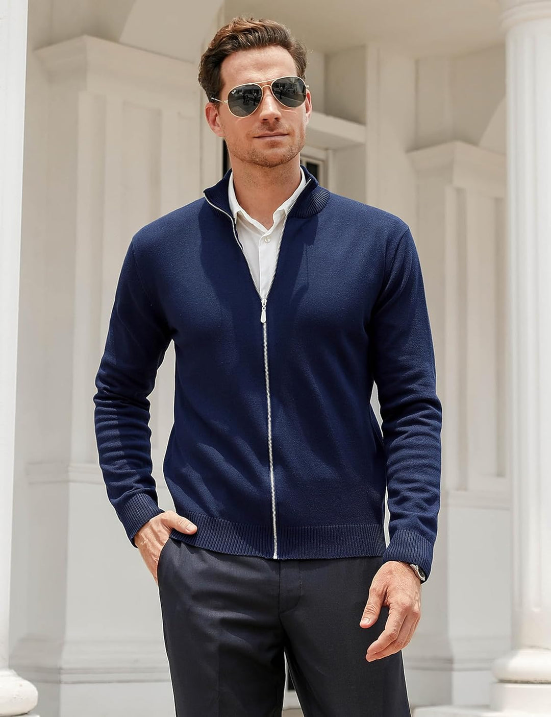 iClosam Herren Strickjacke Feinstrick Mit Stehkragen Und Reissverschluss Blau S, Blau S