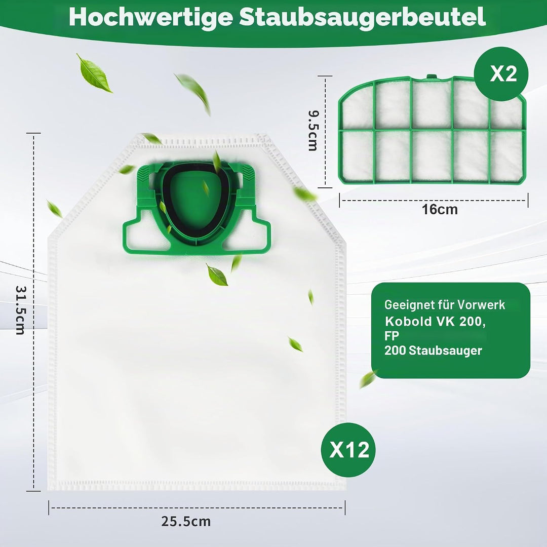 12 Stück Staubsaugerbeutel für Vorwerk Kobold VK200 und FP200, VK200 Staubsaugerbeutel, Staubsaugerb