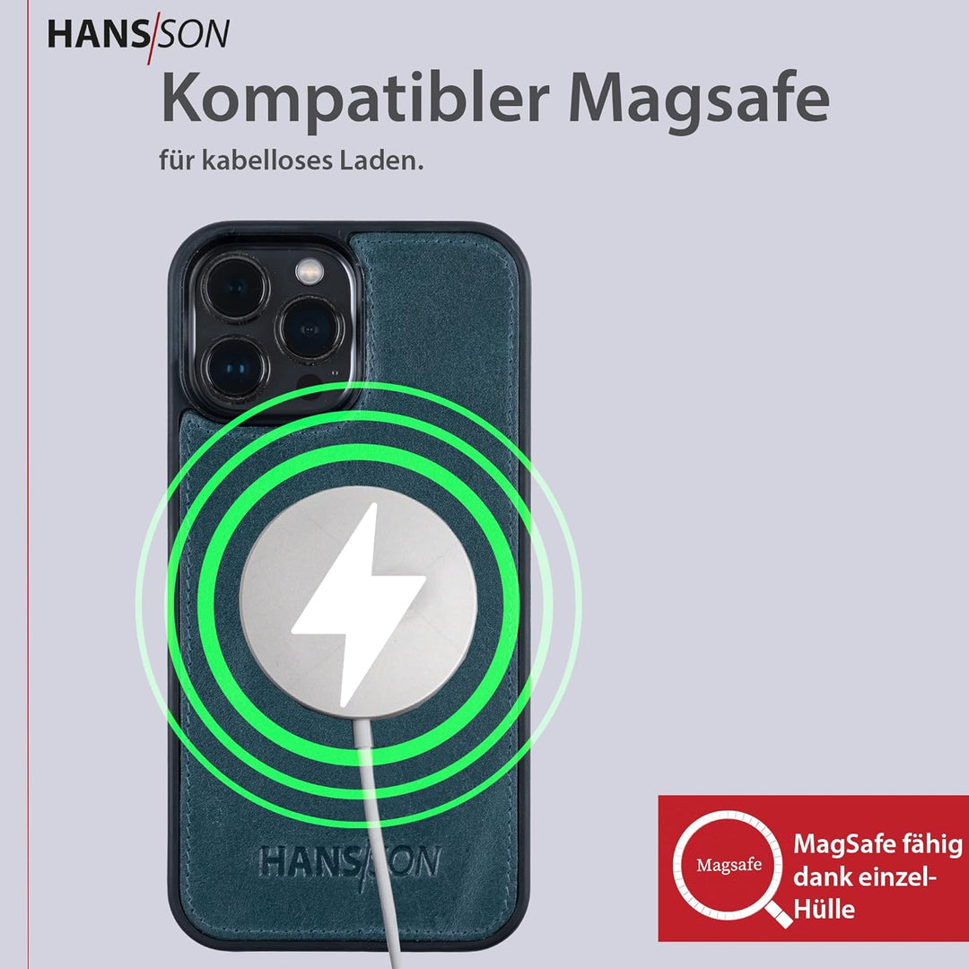 HANS/SON Hülle aus Echtleder mit Kartenfächern in Petrol | Blaue iPhone 13 Pro Max Klapphülle | Geld