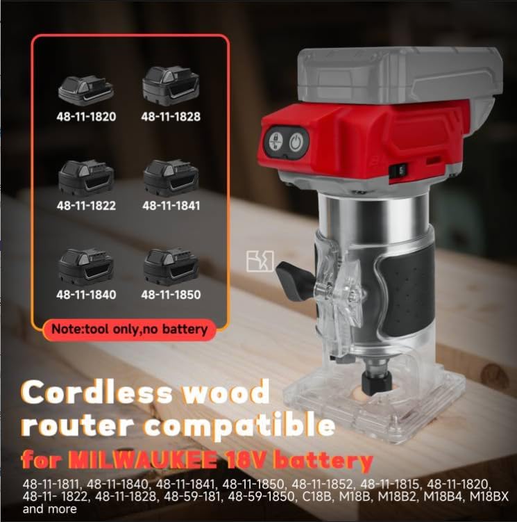 Akku Oberfräse kompatibel für Milwaukee 18V Batterie, 800W bürstenloser Trimmer Router mit 5 Gängen,