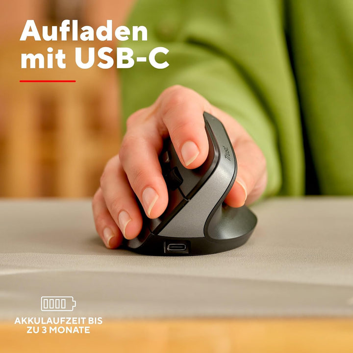 Trust Yuno Wiederaufladbare Vertikale Maus, Kabellose Ergonomische Maus 2.4GHz, Vorbeugung Gegen Mau