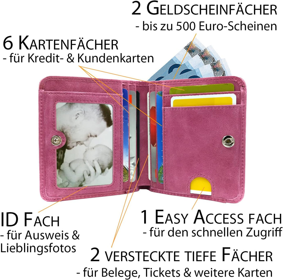 Geldbeutel Damen klein, Reise Portemonnaie, viele Fächer, Leder pink, RFID Blocker, Münzfach | Geldb