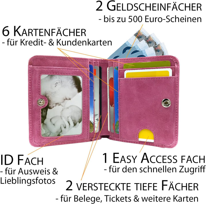 Geldbeutel Damen klein, Reise Portemonnaie, viele Fächer, Leder pink, RFID Blocker, Münzfach | Geldb