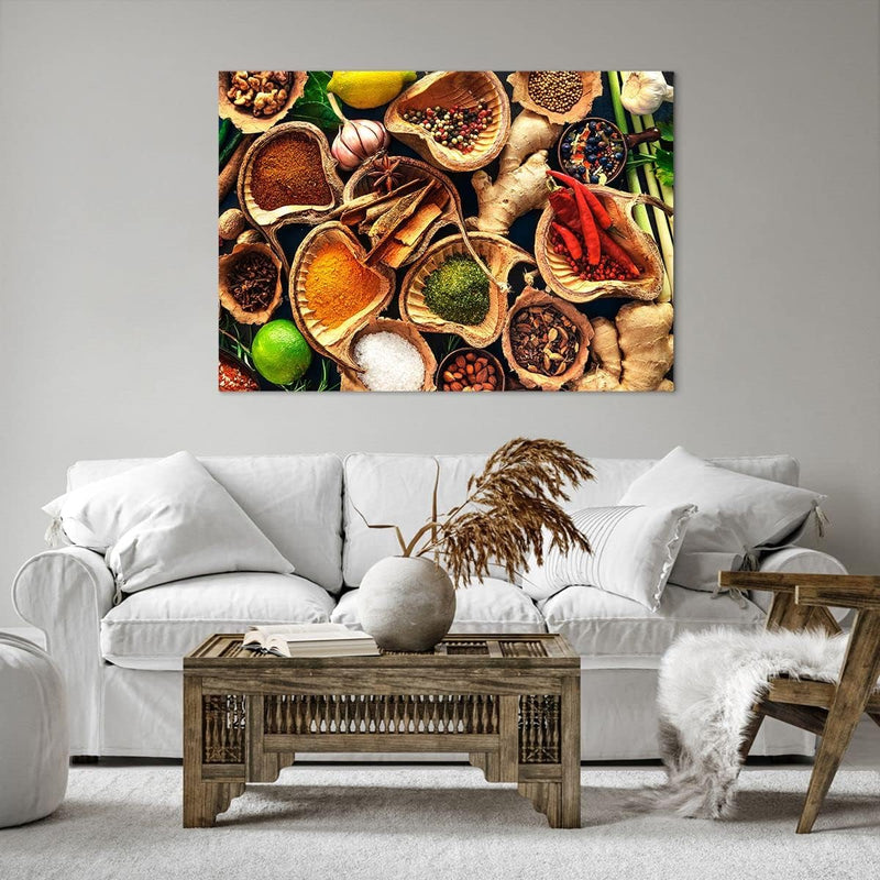 Bilder auf Leinwand 100x70cm Leinwandbild Küche Essen Kräuter Gewürze Gross Wanddeko Bild Schlafzimm