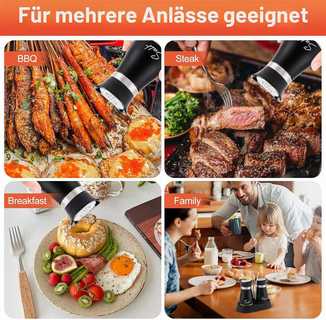 Salz und Pfefferstreuer Set mit Halter, Edelstahl und Glasflasche Salz und Pfefferstreuer mit Halter