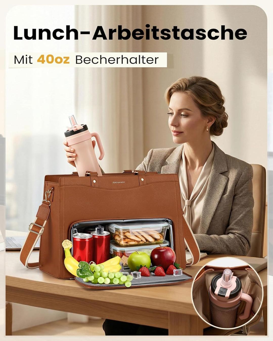 RAINSMORE Lehrertasche Damen mit Kühlfach 15,6 Zoll Laptoptasche Arbeitstasche Damen Gross PU Leder