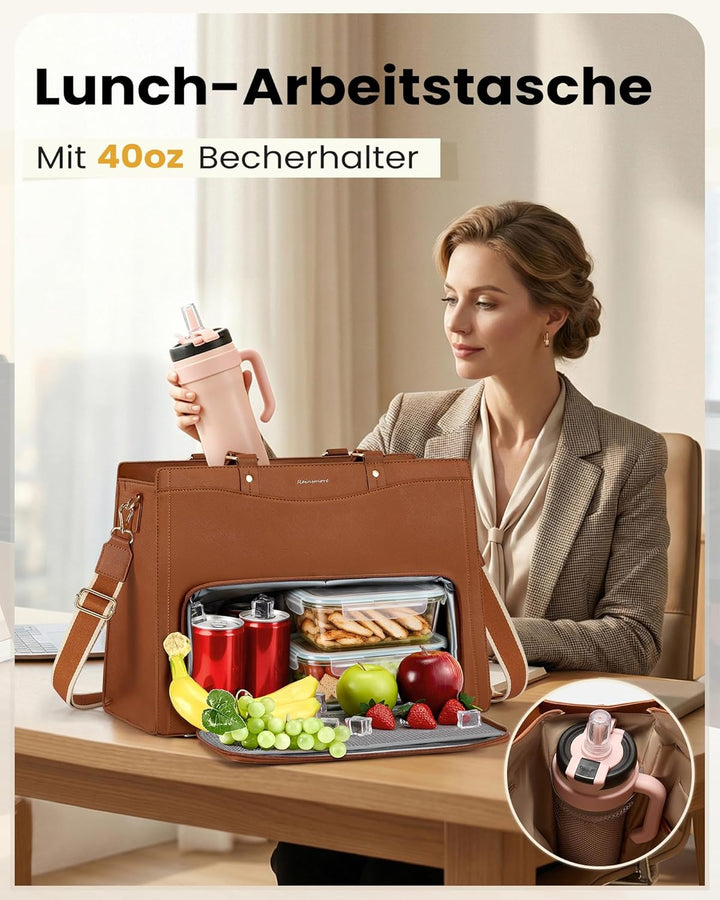 RAINSMORE Lehrertasche Damen mit Kühlfach 15,6 Zoll Laptoptasche Arbeitstasche Damen Gross PU Leder