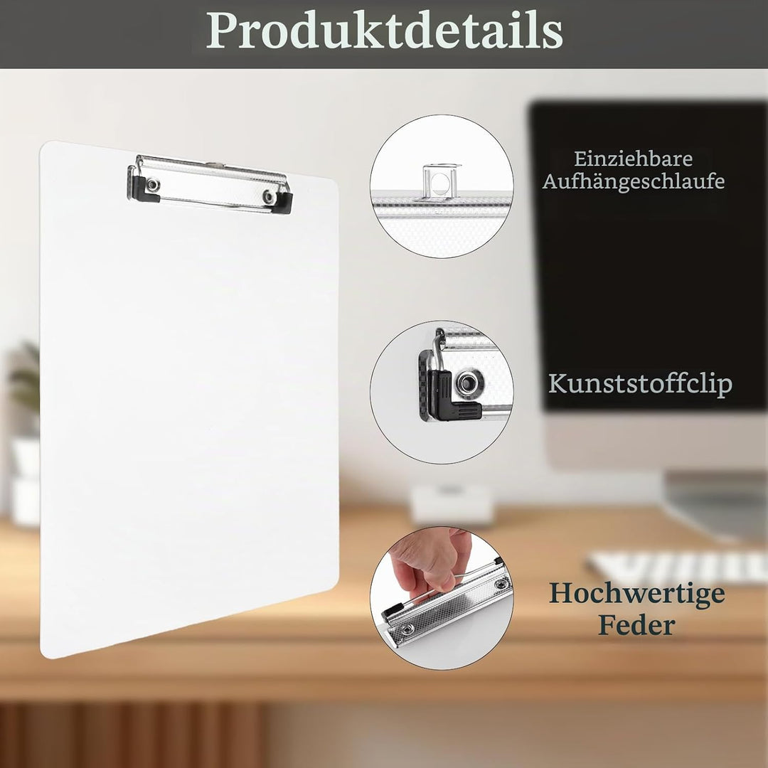 12 Stück Klemmbrett A4, Kunststoff Klemmbretter A4 mit Metalklemme und Aufhängeose, 312x223mm Weiss