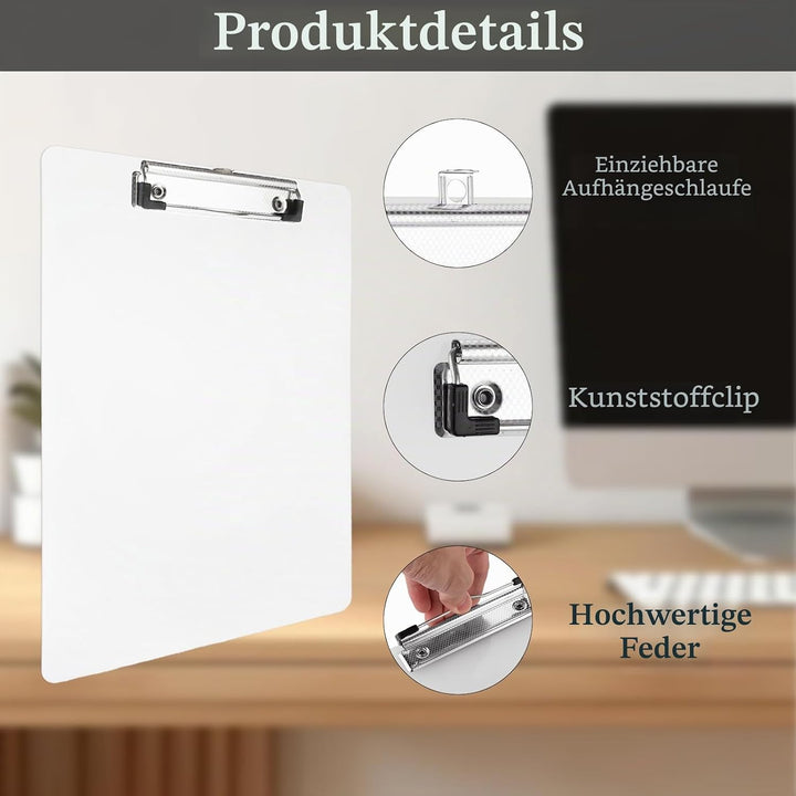 12 Stück Klemmbrett A4, Kunststoff Klemmbretter A4 mit Metalklemme und Aufhängeose, 312x223mm Weiss