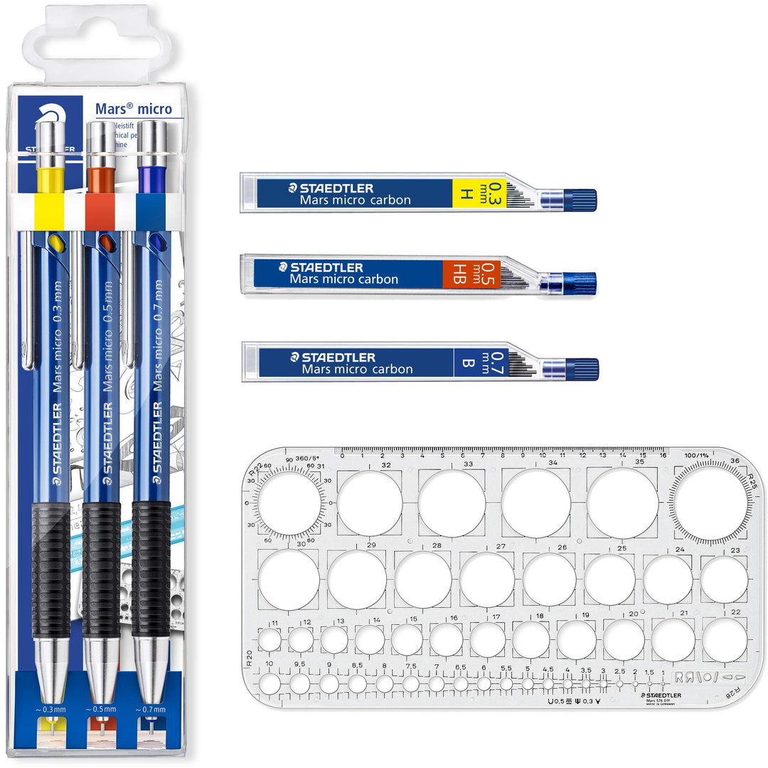 STAEDTLER Mars® micro 0,3mm + 0,5mm + 0,7mm Druckbleistifte 3er Set farbig Sparset mit 36 Feinminen
