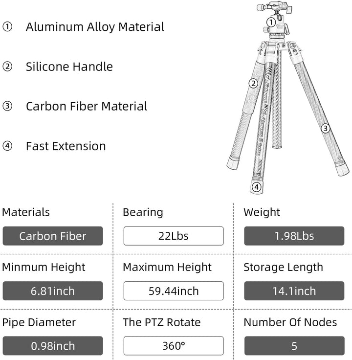 Fotopro Kohlefaser-Stativ für Kamera, 0,9 kg, Ultraleicht, 157,5 cm, Reisekamerastativ, max. Belastu