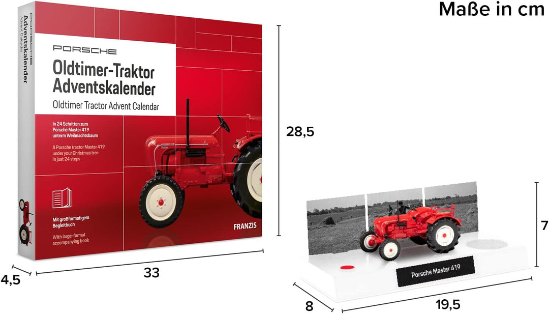 FRANZIS 67067 - Porsche Oldtimer-Traktor Adventskalender 2019, Modellbausatz im Massstab 1:43, inkl.