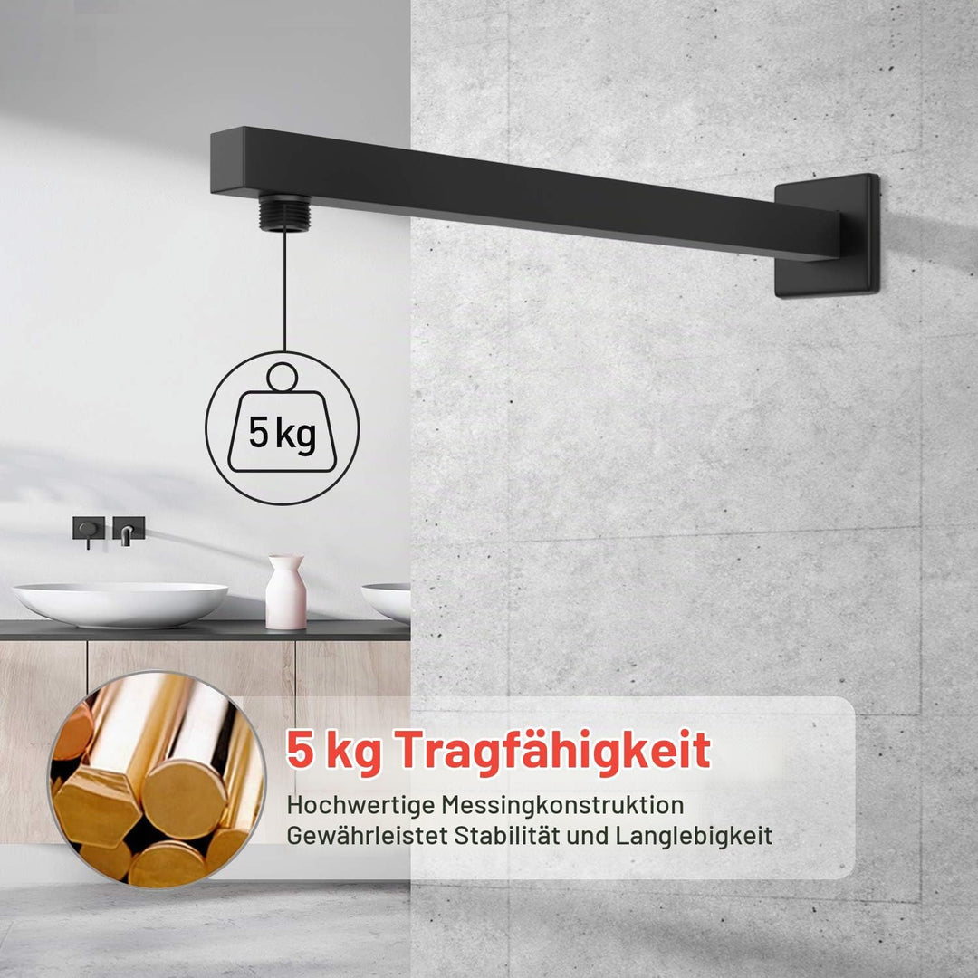 Rainsworth Brausearm Wandarm Duscharm für Regenduschkopf Quadratisch 400MM, Messing, Schwarz, 16 inc