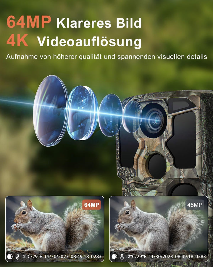 KJK Wildkamera mit Handyübertragung APP, 4K 64MP HD WLAN Bluetooth Wildkamera mit Bewegungsmelder Na