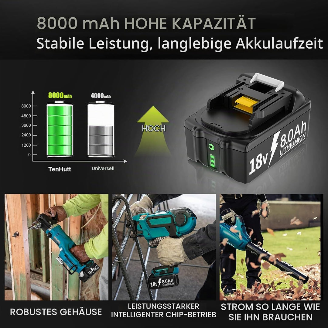 2X Akku Für 18V 8,0Ah Li-ion Ersatzakku für Akku 18V BL1860 BL1850B BL1850 BL1830 BL1860B BL1845 BL1