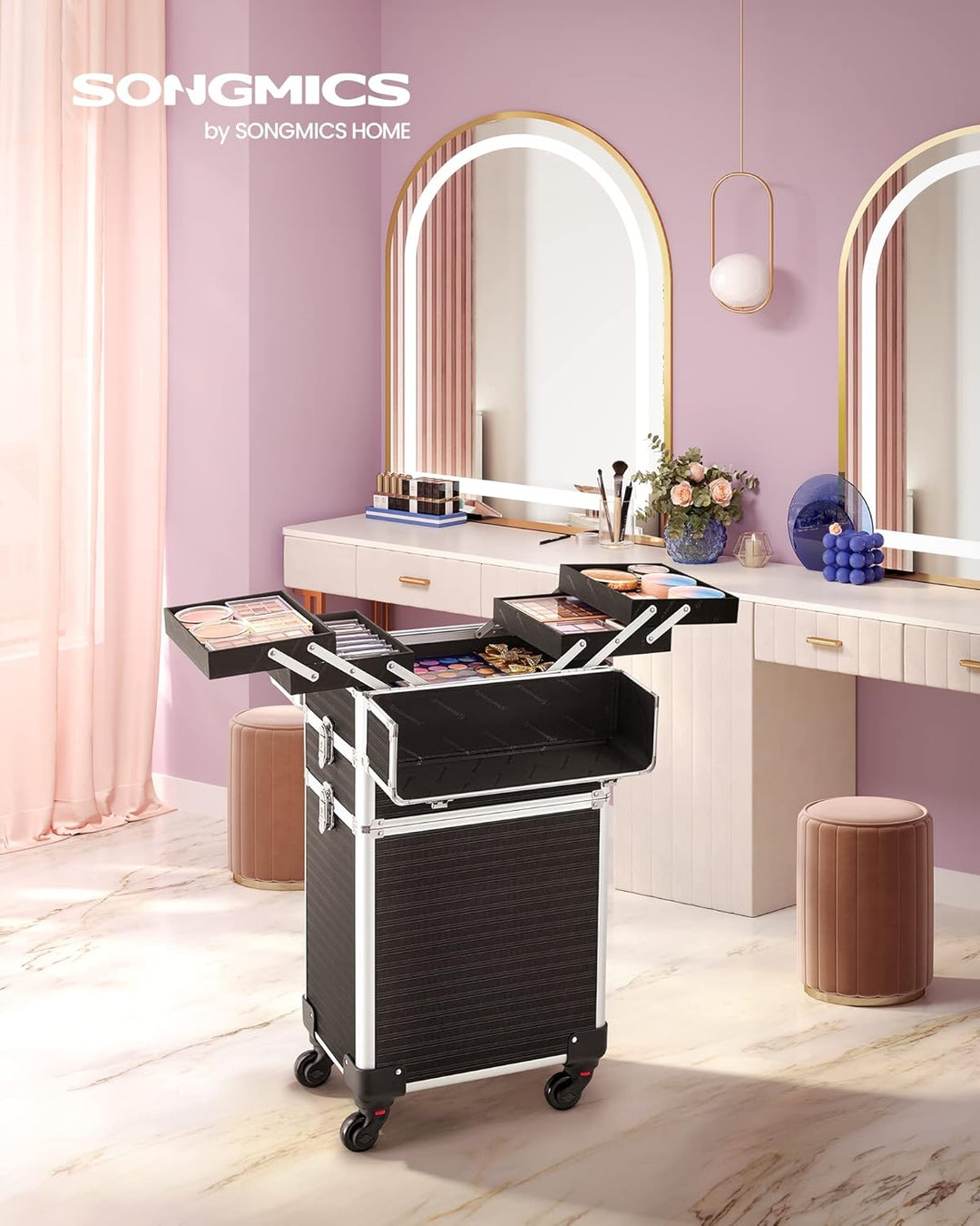 SONGMICS Kosmetikkoffer, Trolley, 3-in-1 Schminkkoffer, extra gross, Friseurkoffer, 34 x 24 x 70,5 c