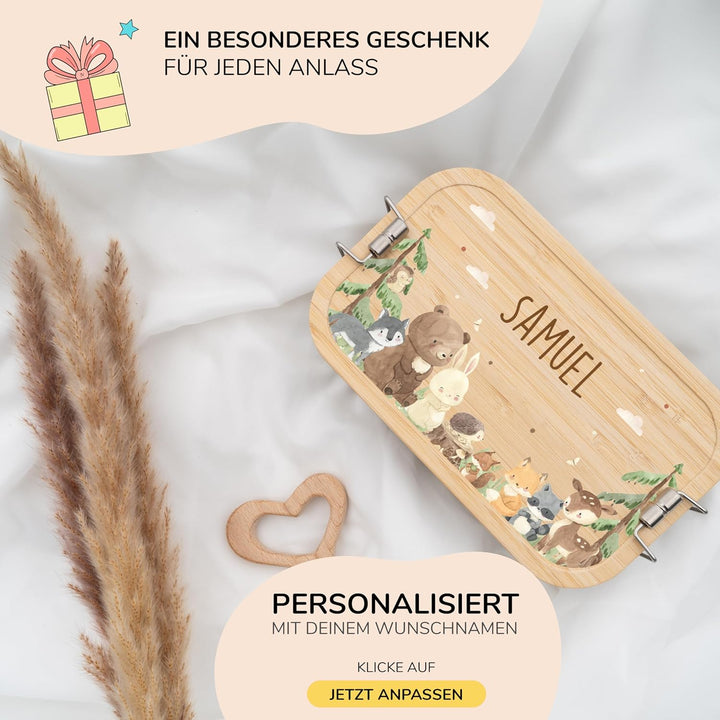 Kidsmood - Personalisierte Brotdose Kinder mit Fächern, Edelstahl Lunchbox mit Bambusdeckel | Schads