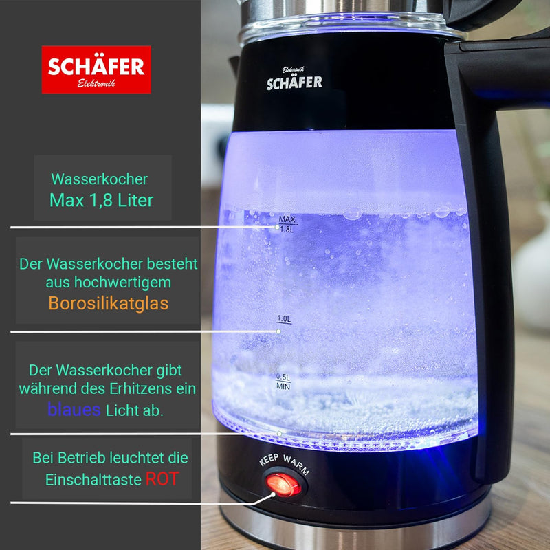 Teekocher Wasserkocher Edelstahl - Schwarz Glänzend - mit Teesieb Abschaltautomatik und Warmhaltefun