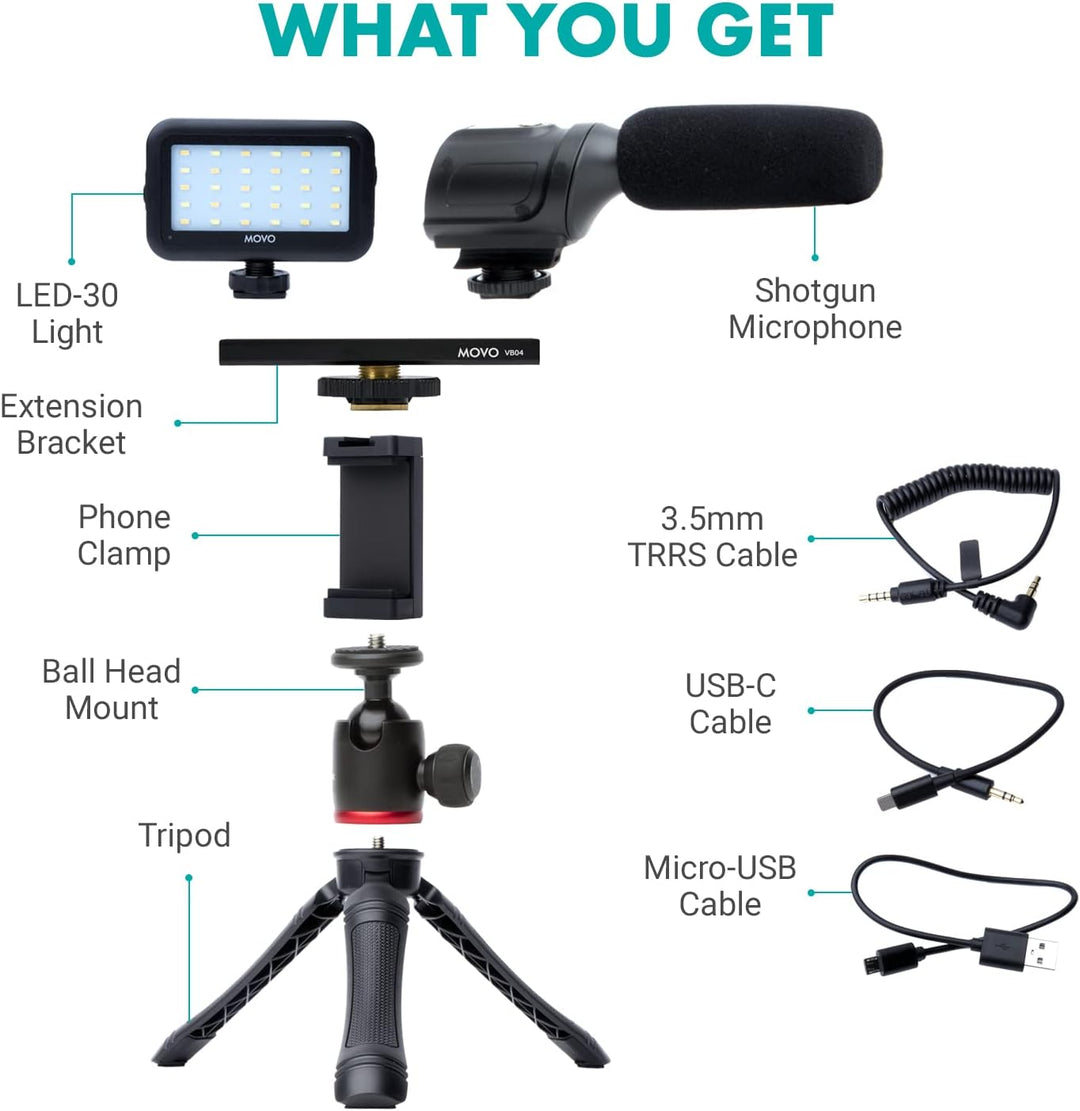 Movo uVlogger - Android/USB-C kompatibles Vlogging-Set für Handy-Video-Set, Zubehör: Handy-Stativ, H