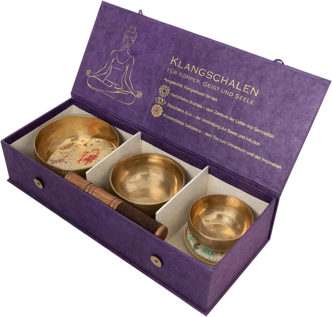 Körper-Geist-Seele-Box mit 3 feinen Klangschalen für das Herz-Chakra, das Stirn-Chakra und Kronencha