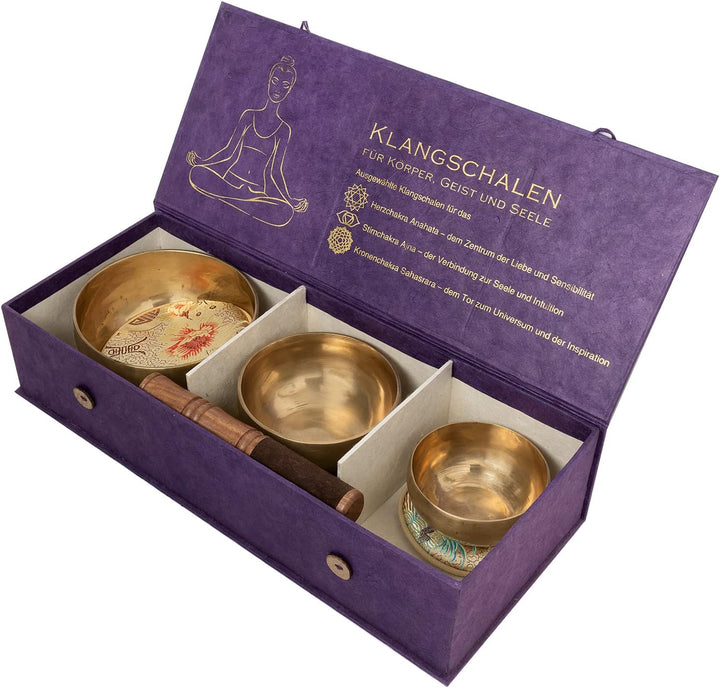Körper-Geist-Seele-Box mit 3 feinen Klangschalen für das Herz-Chakra, das Stirn-Chakra und Kronencha