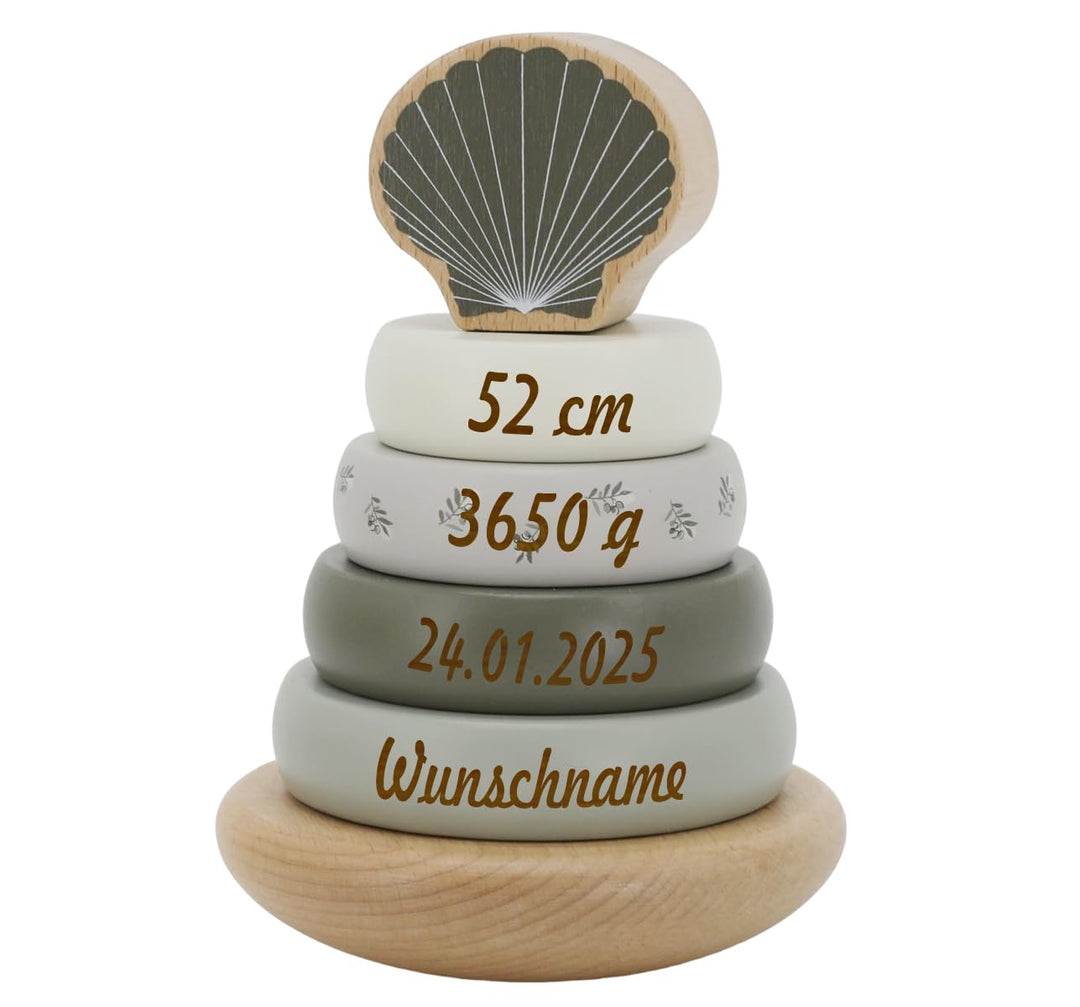 Elefantasie Stapelturm aus Holz personalisierbar mit Name und Datum Baby Geschenk mit Gravur (Oliv),