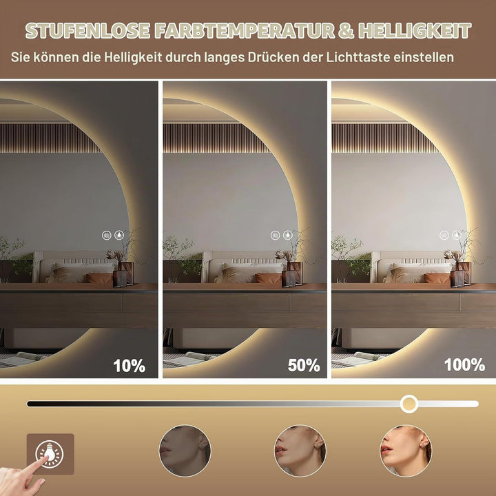 Badspiegel mit Beleuchtung 110 × 55cm, Badezimmerspiegel Wandspiegel und Touch-Schalter, Halbrunder