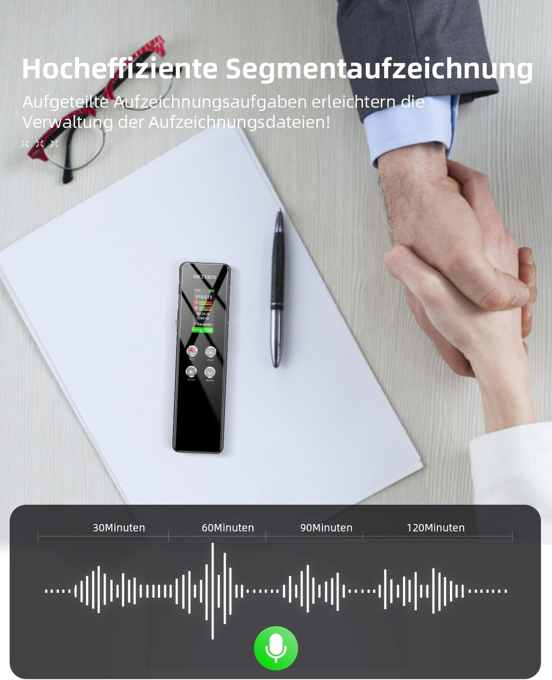 MECHEN V01 128GB Diktiergerät, Sprachrekorder VOR-Aufnahme, Passwortschutz, Automatische Rauschunter