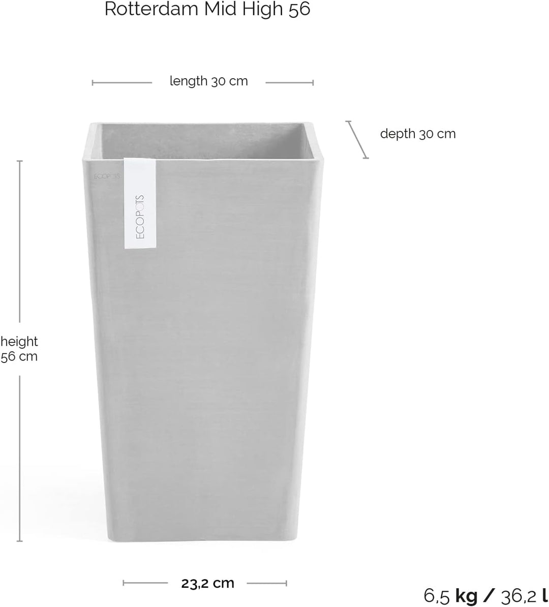 ECOPOTS Blumentopf Rotterdam Grau - 30 x 30 cm, 56 cm hoch - quadratisch gross - Pflanzentopf aus Re