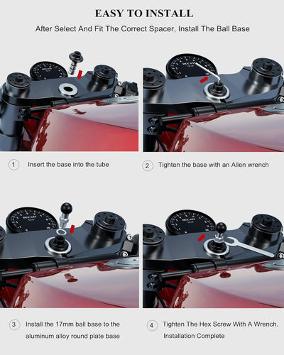 BRCOVAN Metall Motorrad-Gabelschaft-Kugelbasis mit 17mm TPU Kugel Passend für Rohr Durchmesser 12 mm