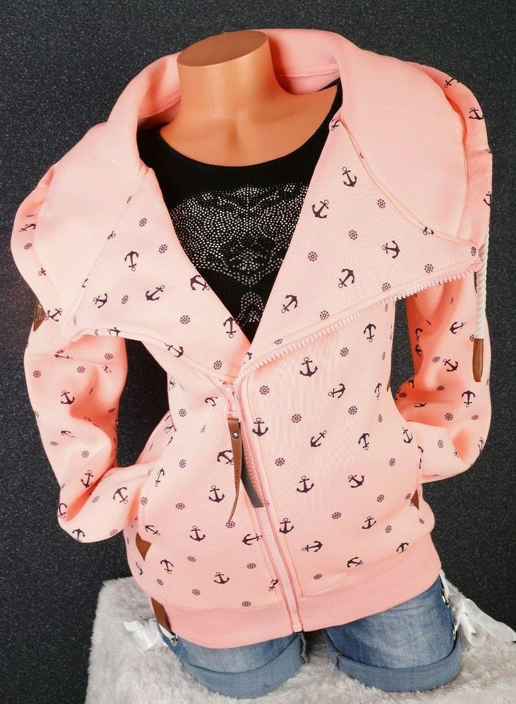 VIN TE Damen Sweat Jacke XXL Kapuze Hoodie Übergangsjacke Fleece gefüttert schräger Reissverschluss