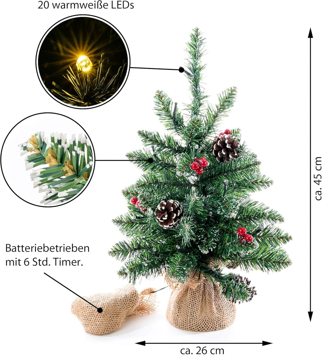 künstlicher Weihnachtsbaum grün mit Deko Lichterkette 20 LED warm weiss Batterie Timer Christbaum Ta
