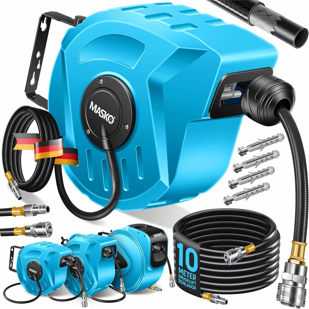 MASKO® Automatik Druckluftschlauch Aufroller 10m – Schlauchtrommel mit 1/4" Anschluss, Schlauchaufro