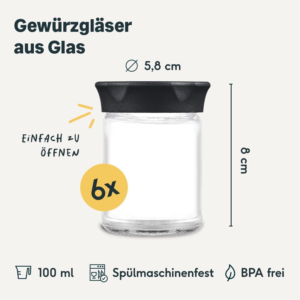 SILBERTHAL Gewürzbehälter Set Glas to go - 6er Set - Für Kaffeepulver, Gewürze, Nüsse 100ml - kompat